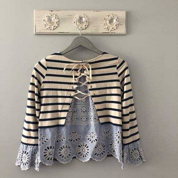 Sea New York Stripe Eyelet Hem Lace Up Back Top - Picture 5 of 9